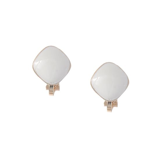 White Enamel Diamond Shaped Clip On Earrings
