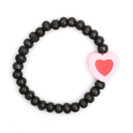 Black wooden stretchy kids bracelet with baby pink heart charm
