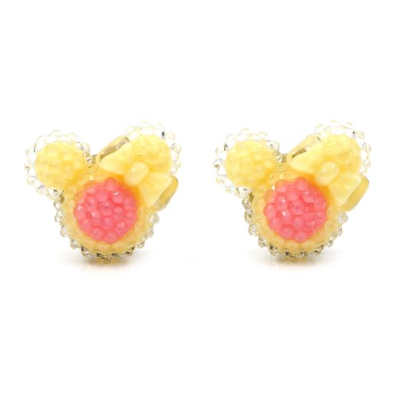 Gelb-rosa Ohrclips in Mäusekopfform mit Masche